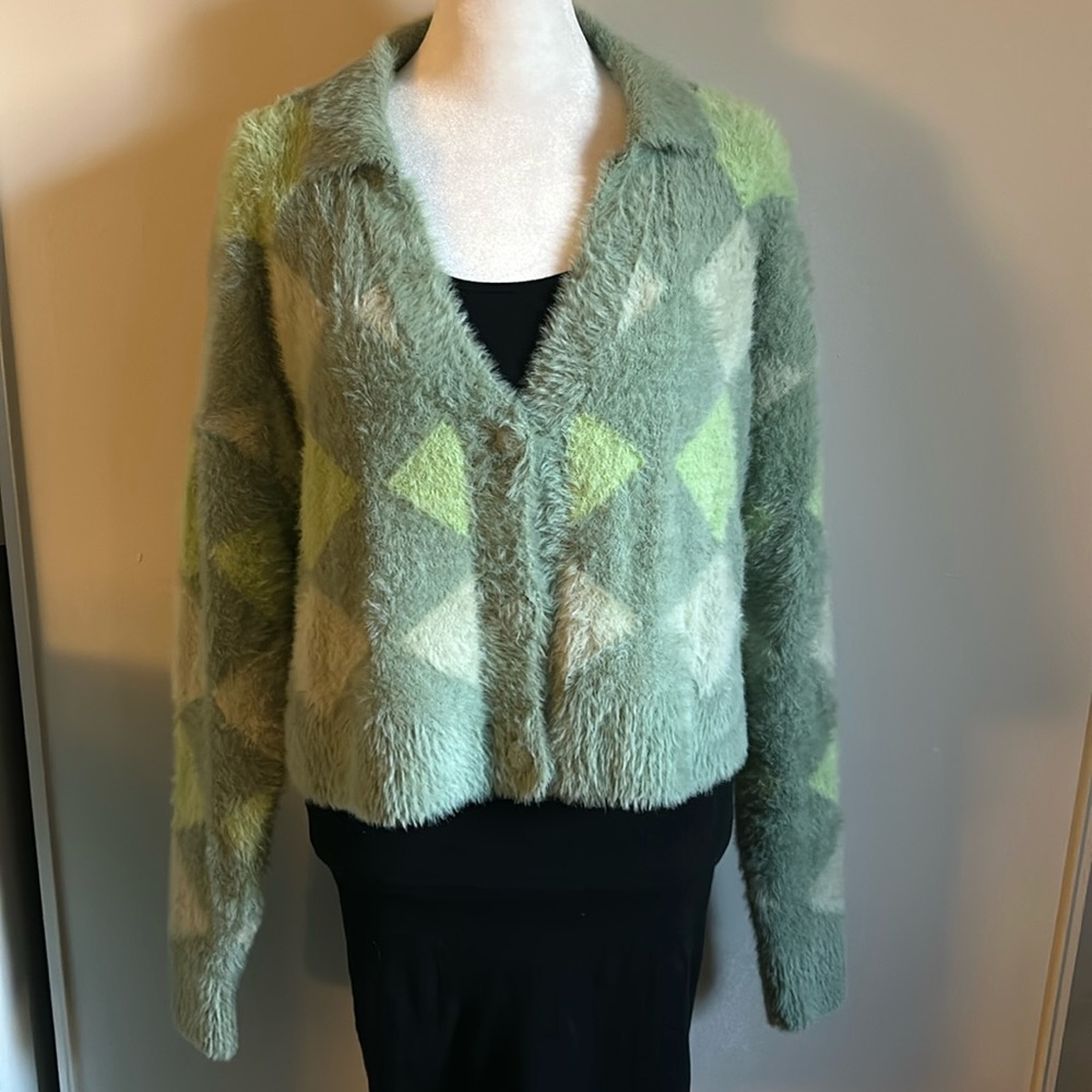 New Cotton On Fluffy Rib Eyelash Cropped Argyle Button Up Cardigan Sweater